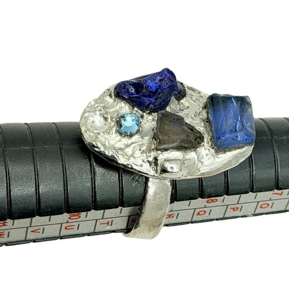 Studio Crafted Brutalist Blue Multi- Sea Glass & Crystal Statement Ring Size 9 - Picture 7 of 16